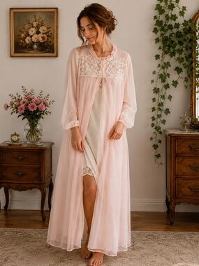Vintage 70s Pink Sheer Peignoir Robe Double Layer Boudoir Nightgown Housecoat